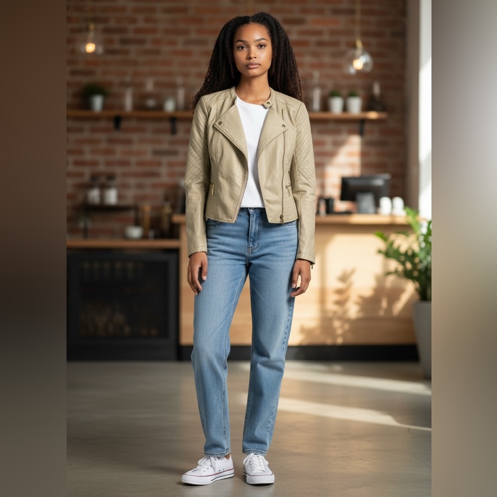 Faux Leather Fall Zipper Jacket Tan